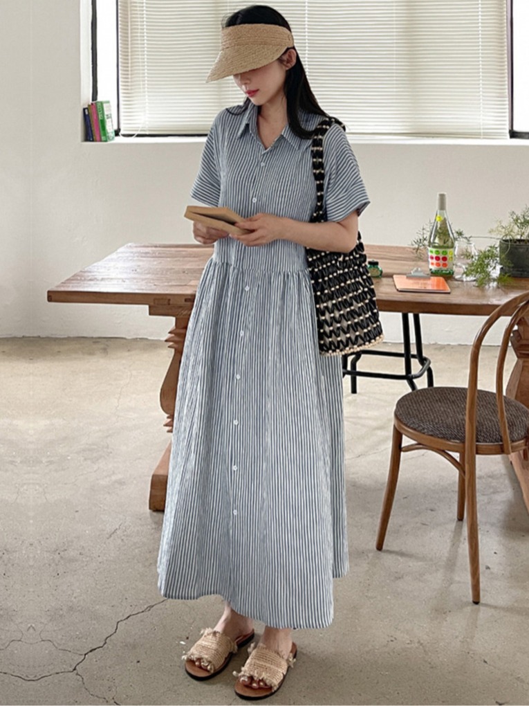 Korean Style A Line Shirt Dress - Retro Korean Style Slim Fit Striped