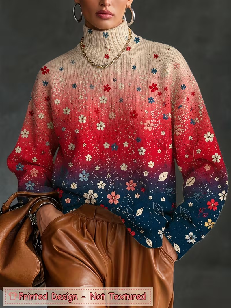 Blouses - Women Turtleneck T shirt Gradient Floral