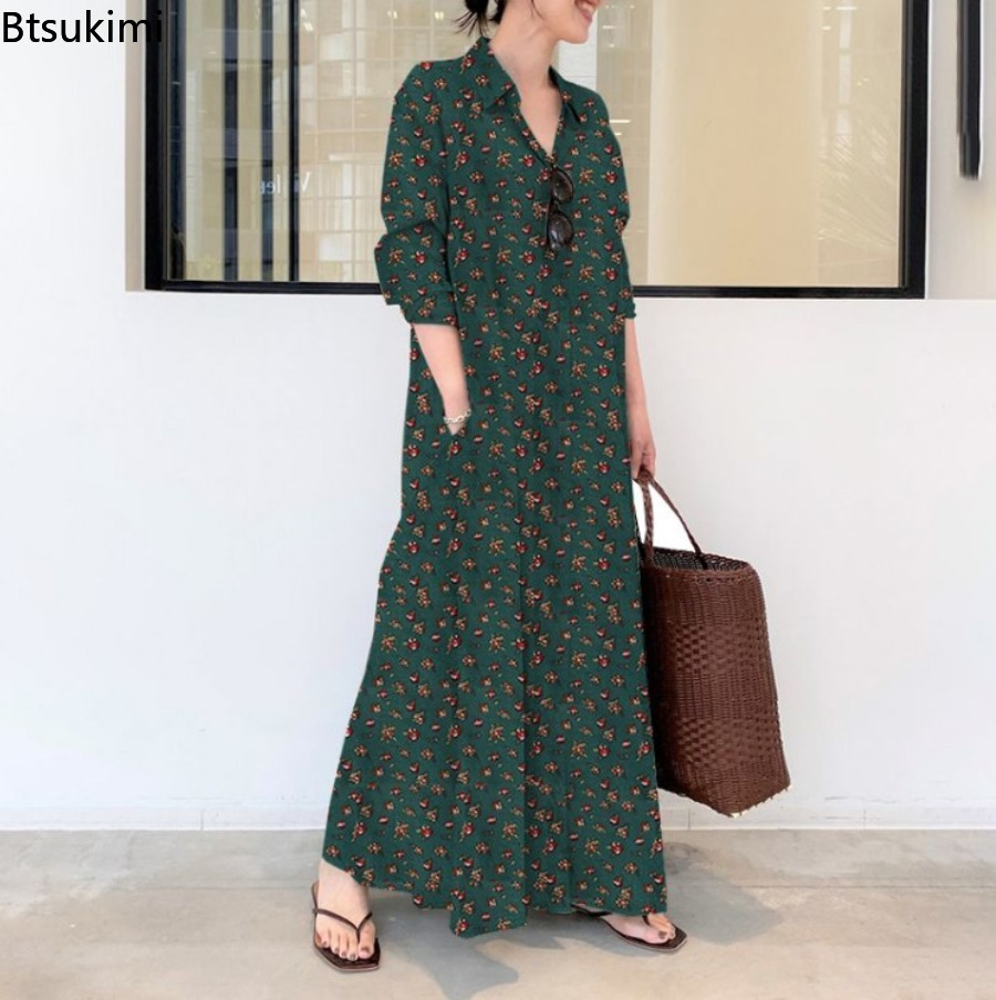 New Women's Print Long Style S - огляд і ціна Casual Loose Linen Shirt Dress