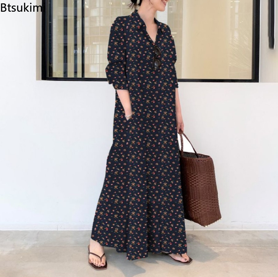 New Women's Print Long Style S - огляд і ціна Casual Loose Linen Shirt Dress