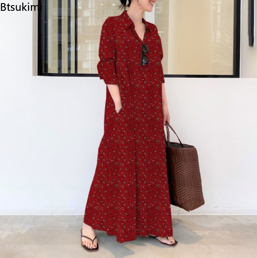 New Women's Print Long Style S - огляд і ціна Casual Loose Linen Shirt Dress