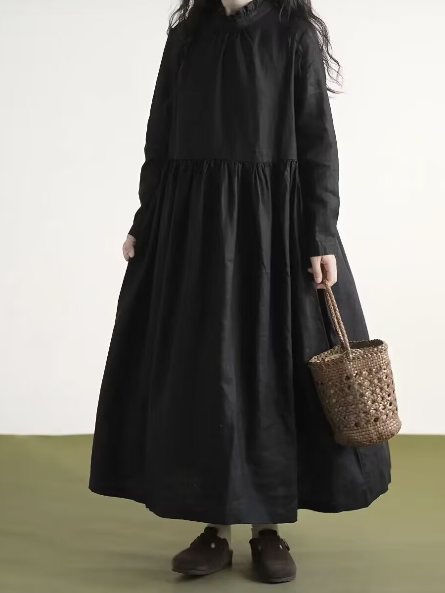 Black Lace Collar Long Sleeve  - огляд і ціна Casual Loose Linen Shirt Dress